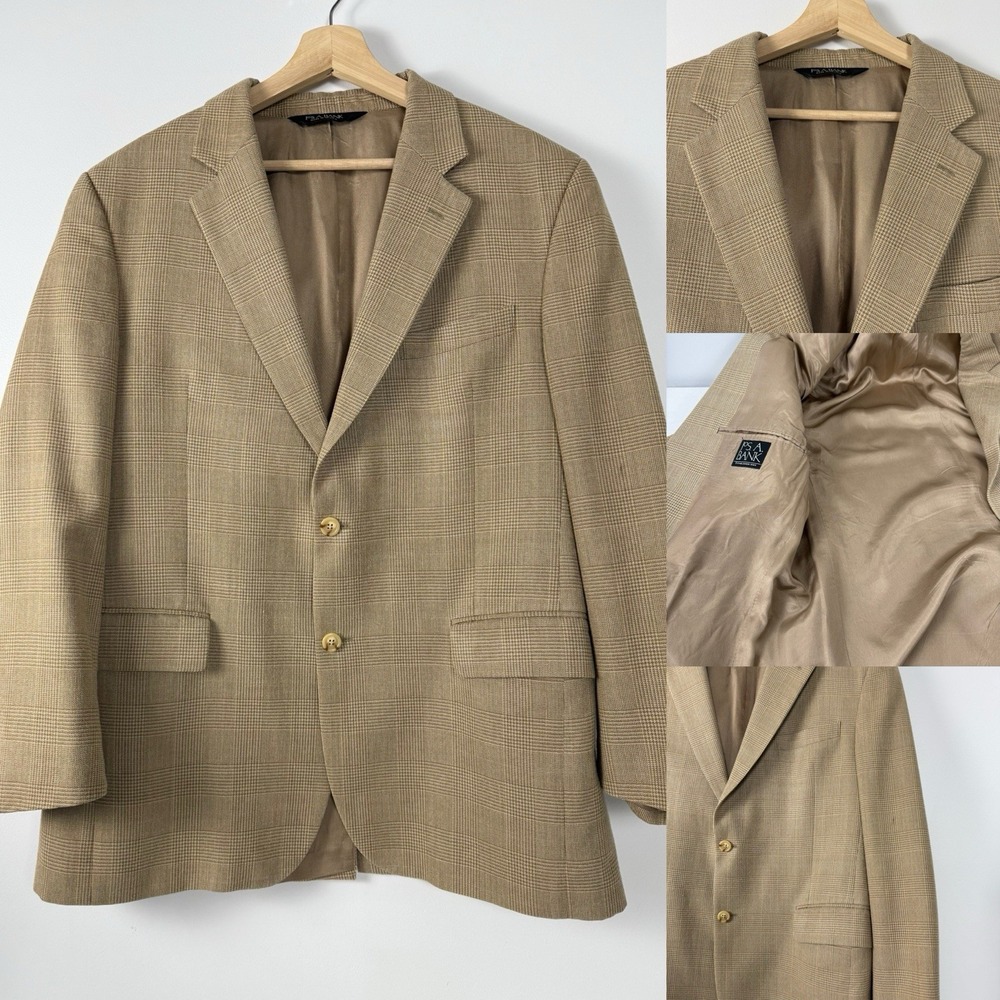 JoS A Bank Jacket Mens 42R Plaid‎ Sport Coat Silk Wool Blend Light Brown
